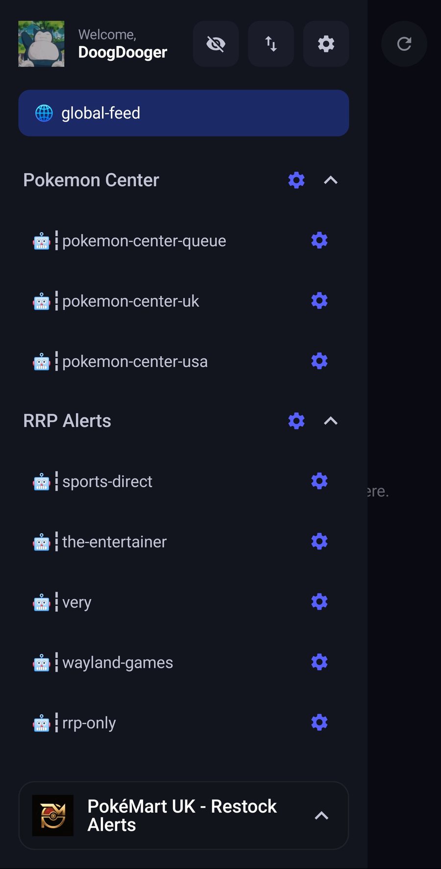 The app sidebar listing Pokémon Center and RRP Alerts sections with their channels